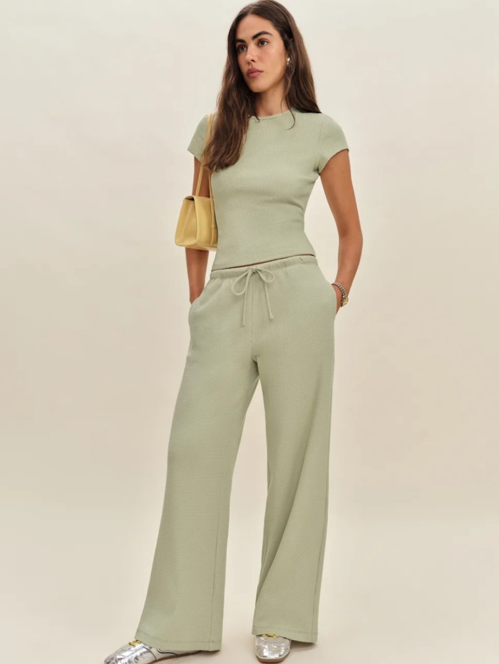 Reformation Olina Knit Pant Matching Set In Limon Waffle Organic Cotton